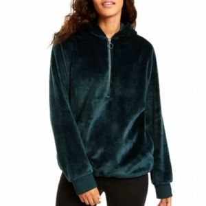 Ideology Women's Faux Fur Velour Quarter Zip Hoodie Deep Pine Size Medium